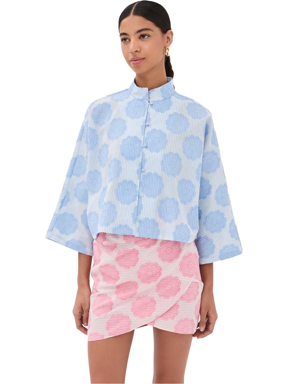 La Vie Blue Frayed Floral Everyday Shirt NWT